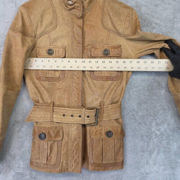 Zara Basic Jacket Womens Small Brown Leather Belted Safari Military Snap Pockets - Picture 11 of 13